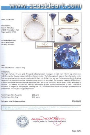 Tanzanite Solitaire Style Ring 14kt White Gold
