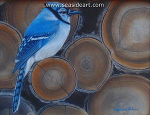 Wood Pile-Blue Jay by Rebecca Latham - Seaside Art Gallery