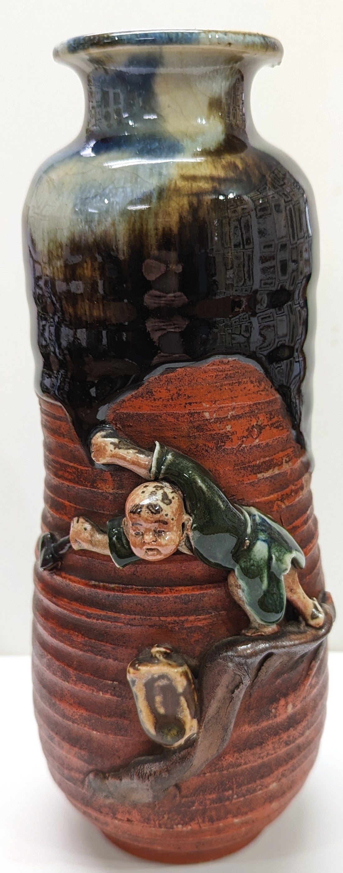 19th/20th C Japanese Sumida Gawa-Vase w/ Man in Green Holding Club