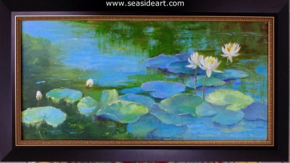 Blue Waterlily Pond On Canvas Board - Water Lilies 5x7 inches Painting by  Vics Art