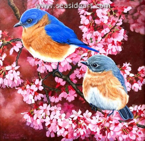 Bluebirds in Bower of Cherry Blossoms