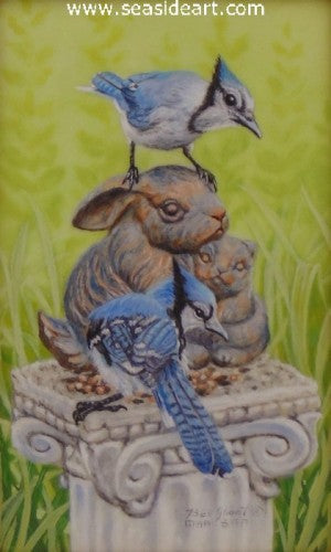Blue Jays With Baby Bunnies Sculpture by Beverly Abbott - Seaside Art Gallery