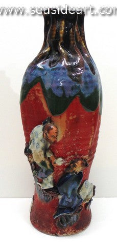 19/20th C Japanese Sumida Gawa-Pinch Neck Vase With Two Men
