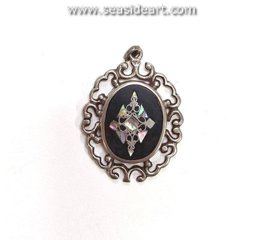 Vintage Sterling Silver Pendant with Black Onyx and Mother of Pearl Inlay