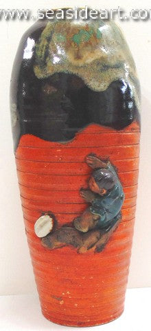 19/20th C Japanese Sumida Gawa-Vase with Small Boy in Green and Cowrie Bead