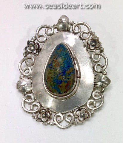 Vintage Mexican Sterling Silver Locket Pin/Pendant with Tear Shaped Chrysocolla