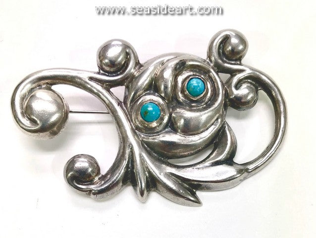 Vintage Mexican Silver Brooch with Turquoise Beads