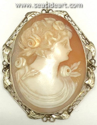 14K White Gold Shell Cameo Brooch