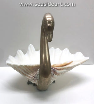 Vintage Bronze Swan Sculpture with Lg Clamshell