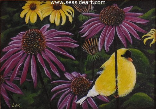Goldfinch On Purple Coneflowers by N.W. Lalk - Seaside Art Gallery