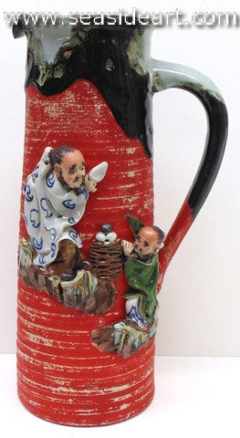 19/20th C Large Pitcher with Two Elderly Men & Basket
