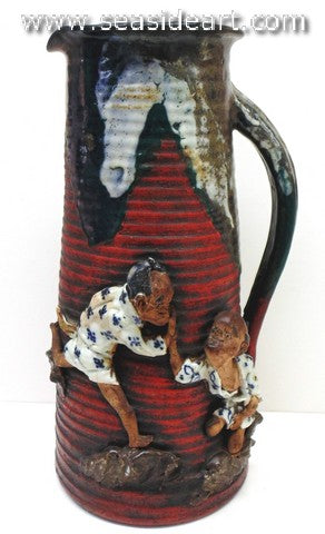19/20th C Large Pitcher with Two Men in Blue & White