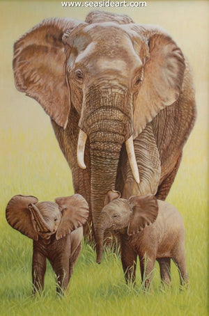 Mother & Twins-Elephants by Beverly Abbott - Seaside Art Gallery