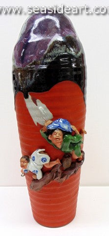 19/20th C Japanese Sumida Gawa Tapering  Vase with Two Boys in Rain