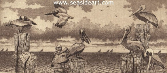 Pelican Pilings II by David Hunter - Seaside Art Gallery