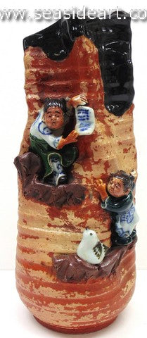 19/20th C Pinched Form Vase with Two Children & Nesting Bird