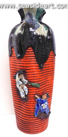 19th/20th C Japanese Sumida Gawa-Pinched Neck Vase with Two Women