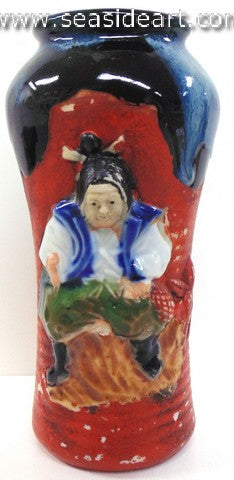 19th/20th C Japanese Sumida Gawa-Small Vase with Man in Blue Vest