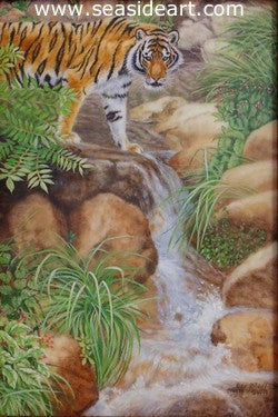 Tiger Standing in Forest Stream (Siberian Tiger) by Beverly Abbott - Seaside Art Gallery