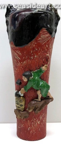 19/20TH C Japanese Sumida Gawa Vase-Boy Filling A Basket
