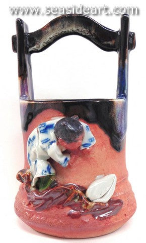 19th/20th C Japanese Sumida Gawa-Bucket Like Vase with Child & Shell