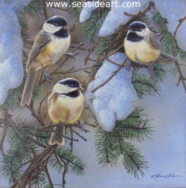 Winter Trio (Chickadees) by Rebecca Latham - Seaside Art Gallery